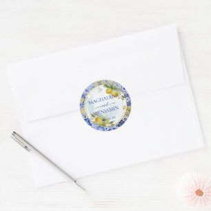 Elegante Italiaanse Blauwe Tegel Citroenen Trouwna Ronde Sticker