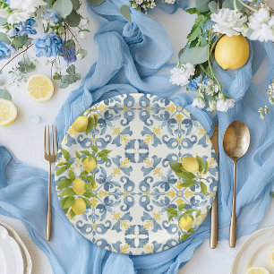 Elegante Italiaanse Blauwe Tegel Lemon Wedding Papieren Bordje