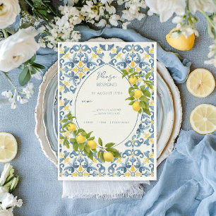 Elegante Italiaanse Blauwe Tegel Lemon Wedding RSVP Kaartje