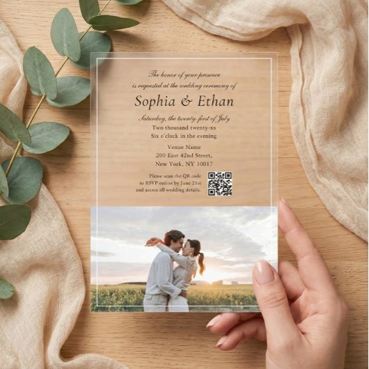 Elegante Italiaanse script foto QR-code Acryl Uitnodigingen