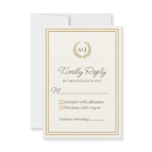 Elegante ivoor gouden monogram laurierkrans bruilo