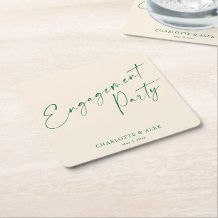 Elegante Ivoor Groene Calligrafie Verloving Feest Vierkante Kartonnen Onderzetter