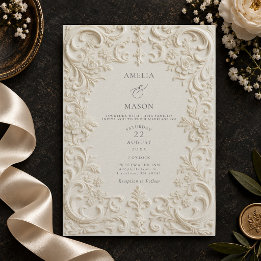 Elegante Ivoor Reliëf Barok Bruiloft Kaart