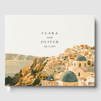 Elegante Ivoor Teal Santorini Caldera Zee Bruiloft Gastenboek