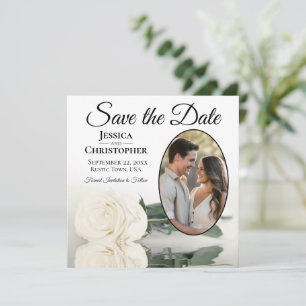 Elegante Ivoor Witte Roos met Ovale Foto Trouw- Save The Date