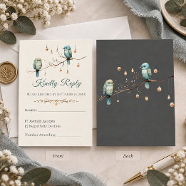 Elegante Ivoren Blauwe Vogels Bos Bruiloft RSVP Kaartje
