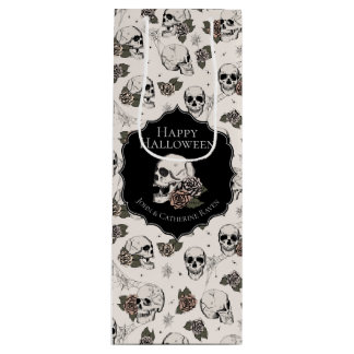 Elegante ivoren bloemen schedels Halloween Wijn Cadeautas