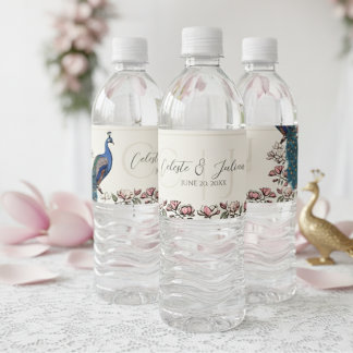 Elegante ivoren bloemenpauw bruiloft waterfles etiket