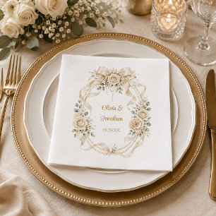 Elegante Ivoren Rozen, Eucalyptus, Parels Bruiloft Servet
