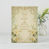 Elegante Ivory Lily Gold Scroll bruiloft Kaart (Staand voorkant)