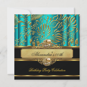Elegante Jade Blauw Groen Goud Damast Parel Feestj Kaart
