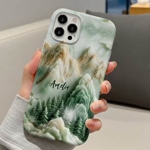 Elegante jade groene bergen chinoiserie monogram iPhone 16 pro hoesje