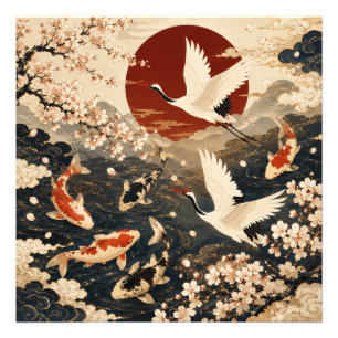 Elegante Japanse Koi & Kraan Sereniteit Foto Print Afdruk