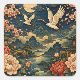 Elegante Japanse Kraan Maan Landschap Kinderen T-s Vierkante Sticker