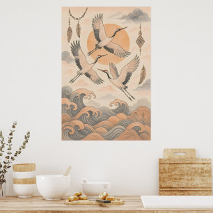 Elegante Japanse Kraan Wandkunst Minimalistisch  Poster