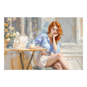 Elegante jongedame in blauw en wit in een café foto afdruk