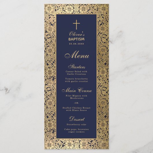 Elegante Jongensdoop Navy Blue Gold Rozen  Menu (Voorkant)