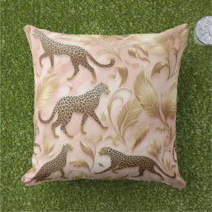 Elegante Jungle Roze en Gouden Luipaard  Buitenkussen