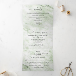 Elegante Juniper Sage Groene Metallic Marmeren Huw Drieluik Uitnodiging