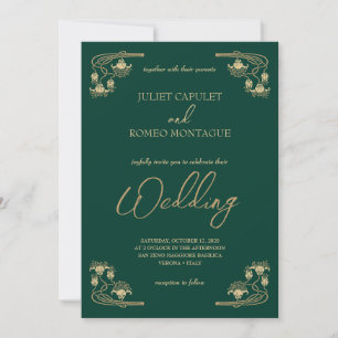 Elegante kalligrafie & ArtDeco gouden & groene bru Kaart