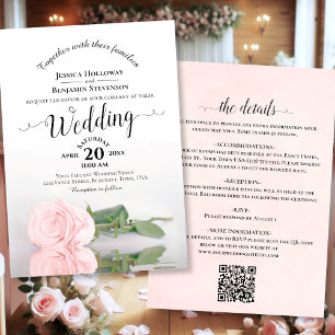 Elegante Kalligrafie Bord Roze Roos QR Code Huweli Kaart