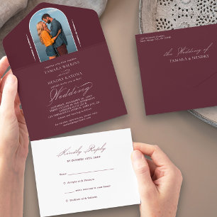 Elegante kalligrafie bordeaux foto RSVP bruiloft All In One Uitnodiging