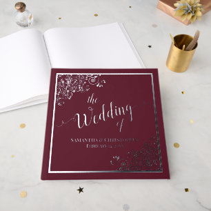 Elegante kalligrafie Bourgondië en zilverfolie bru Gastenboek