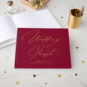 Elegante kalligrafie Bourgondië Rood Goud bruiloft Gastenboek