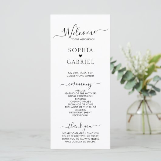 Elegante kalligrafie chique script bruiloft ceremo programma (Staand voorkant)