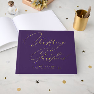 Elegante kalligrafie Dark Paarse Gold Foil Wedding Gastenboek