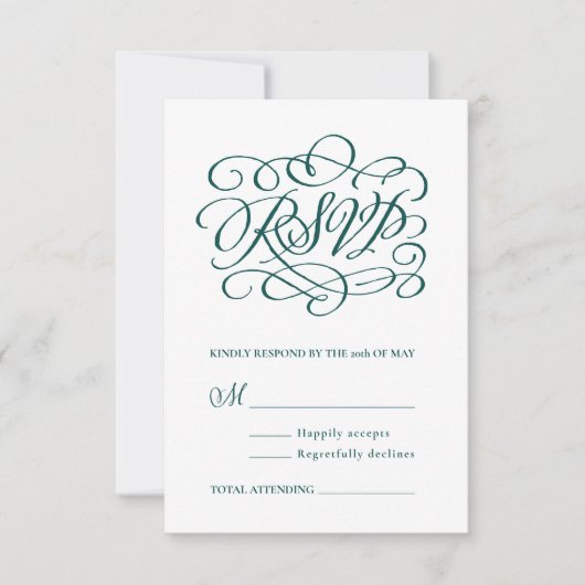 Elegante Kalligrafie Diep Blauwgroen Verticaal RSV RSVP Kaartje (Voorkant)