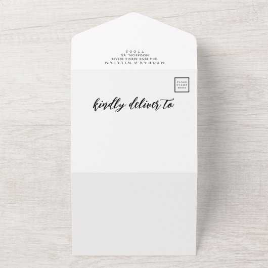 Elegante kalligrafie foto bruiloft QR-code All In One Uitnodiging (Buitenkant)