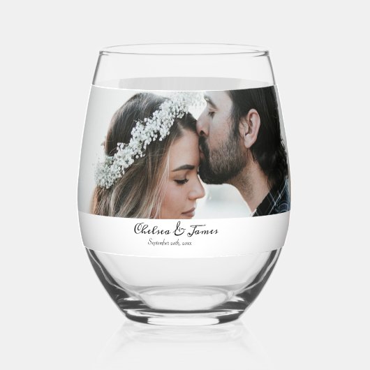 Elegante kalligrafie foto bruiloft wijnglas zonder voet (Voorkant)