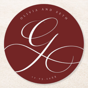 Elegante kalligrafie “G” Merlot-huwelijk Ronde Kartonnen Onderzetter