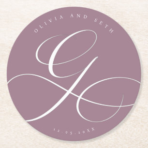 Elegante kalligrafie “G” Stof Lilac Bruiloft Ronde Kartonnen Onderzetter