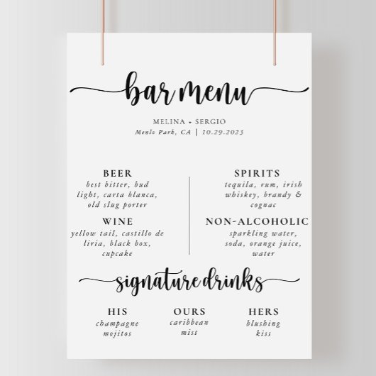 Elegante kalligrafie klassieke trouwbarmenu poster