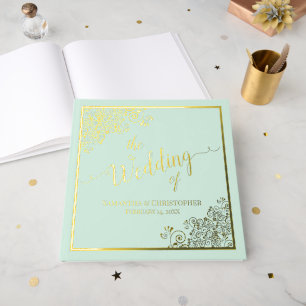 Elegante Kalligrafie Mint Groen & Gouden Folie Huw Gastenboek
