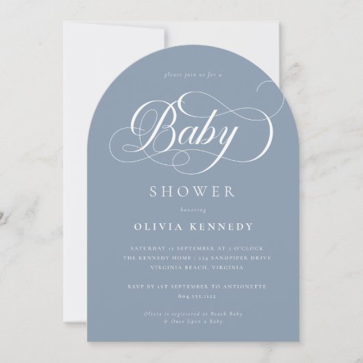 Elegante kalligrafie Modern Script Blue Baby showe Kaart (Voorkant)