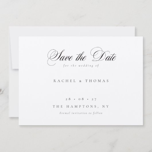 Elegante kalligrafie monogram zwart wit bruiloft save the date (Voorkant)