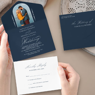 Elegante kalligrafie Navy Blauwe Foto RSVP Trouwda All In One Uitnodiging