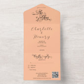 Elegante kalligrafie perzik QR code bruiloft All In One Uitnodiging (Binnen)