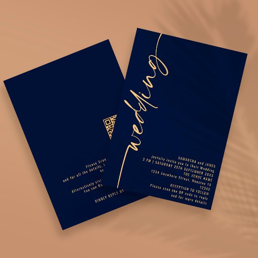 Elegante kalligrafie QR-code marineblauw goud brui Kaart