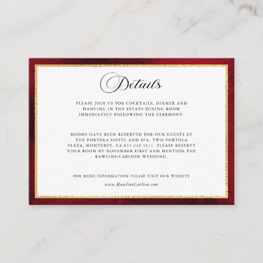 Elegante kalligrafie rood en gouden bruiloft informatiekaartje (Voorkant)