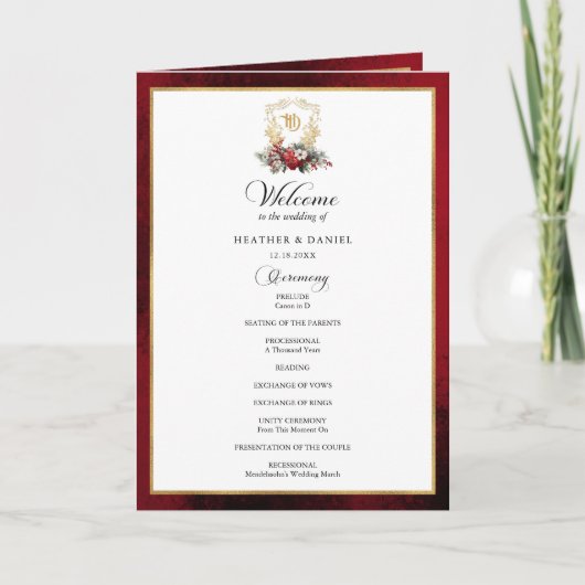 Elegante kalligrafie rood en gouden bruiloft programma (Voorkant)