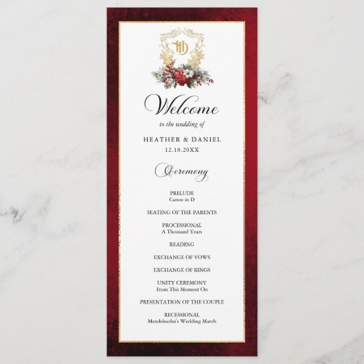 Elegante kalligrafie rood en gouden bruiloft programma (Voorkant)