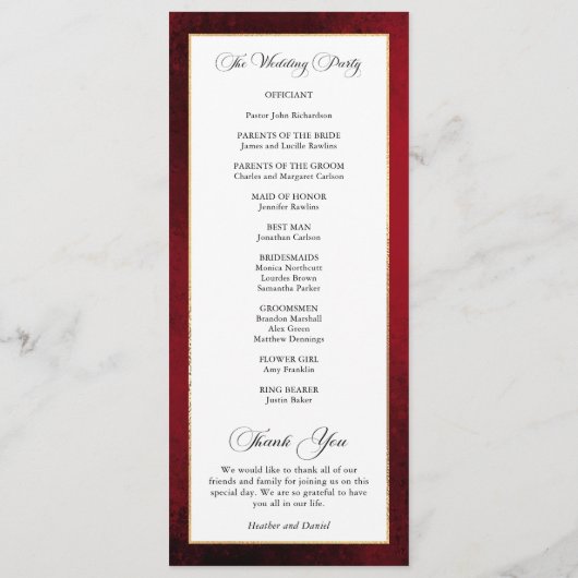 Elegante kalligrafie rood en gouden bruiloft programma (Achterkant)