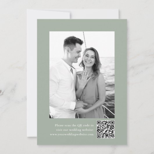 Elegante kalligrafie Sage Green Photo QR Code Save The Date (Achterkant)