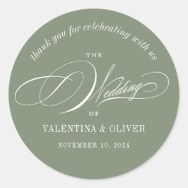 Elegante kalligrafie Sage Groene Bruiloft Ronde Sticker