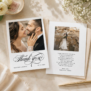Elegante kalligrafie script foto chic huwelijk bedankkaart