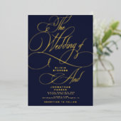 Elegante kalligrafie script gouden marine bruiloft folie uitnodiging (Staand Voorkant)
